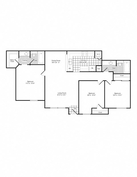 A floor plan of a house with a garage, living room, dining room, kitchen, and two bathrooms.